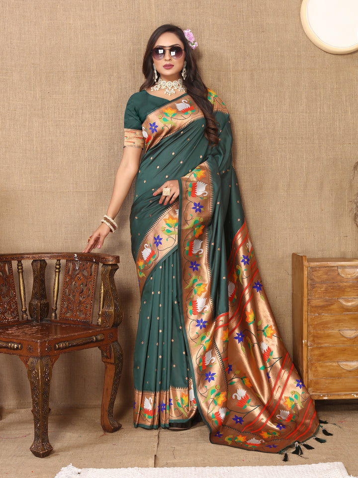 Beautiful parrot-green Paithani silk saree with rich meenakari weaving and a luxurious zari border, perfect for bridal wear.