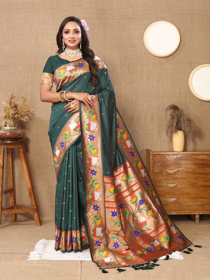 Wine Paithani silk saree with intricate meenakari weaving and a shimmering zari border, ideal for weddings.