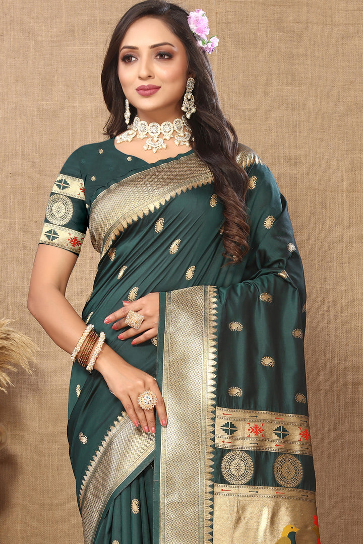 Classic teal green Paithani silk saree with exquisite meenakari and zari work for festive celebrations.