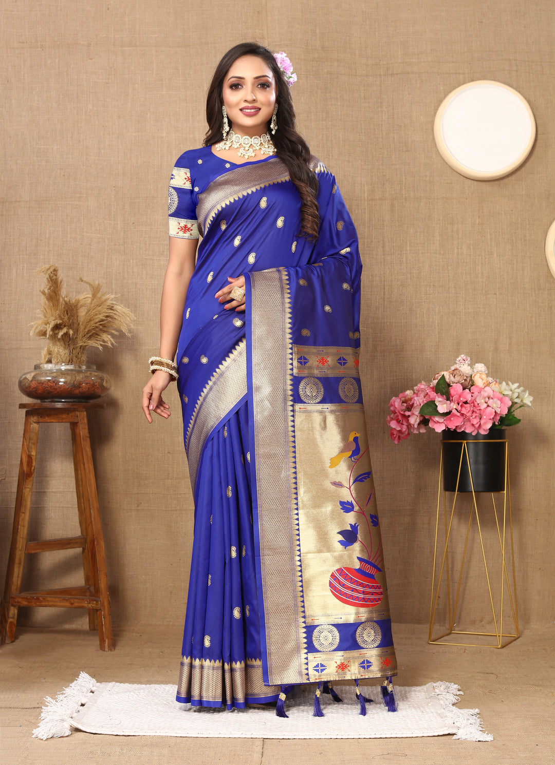 Royal blue Paithani silk saree with intricate zari and meenakari work, ideal for weddings and special occasions.