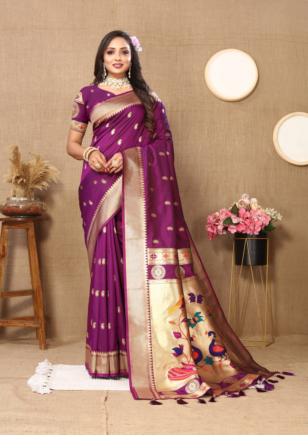 Sophisticated purple Paithani silk saree with intricate zari and meenakari work, perfect for cultural gatherings.