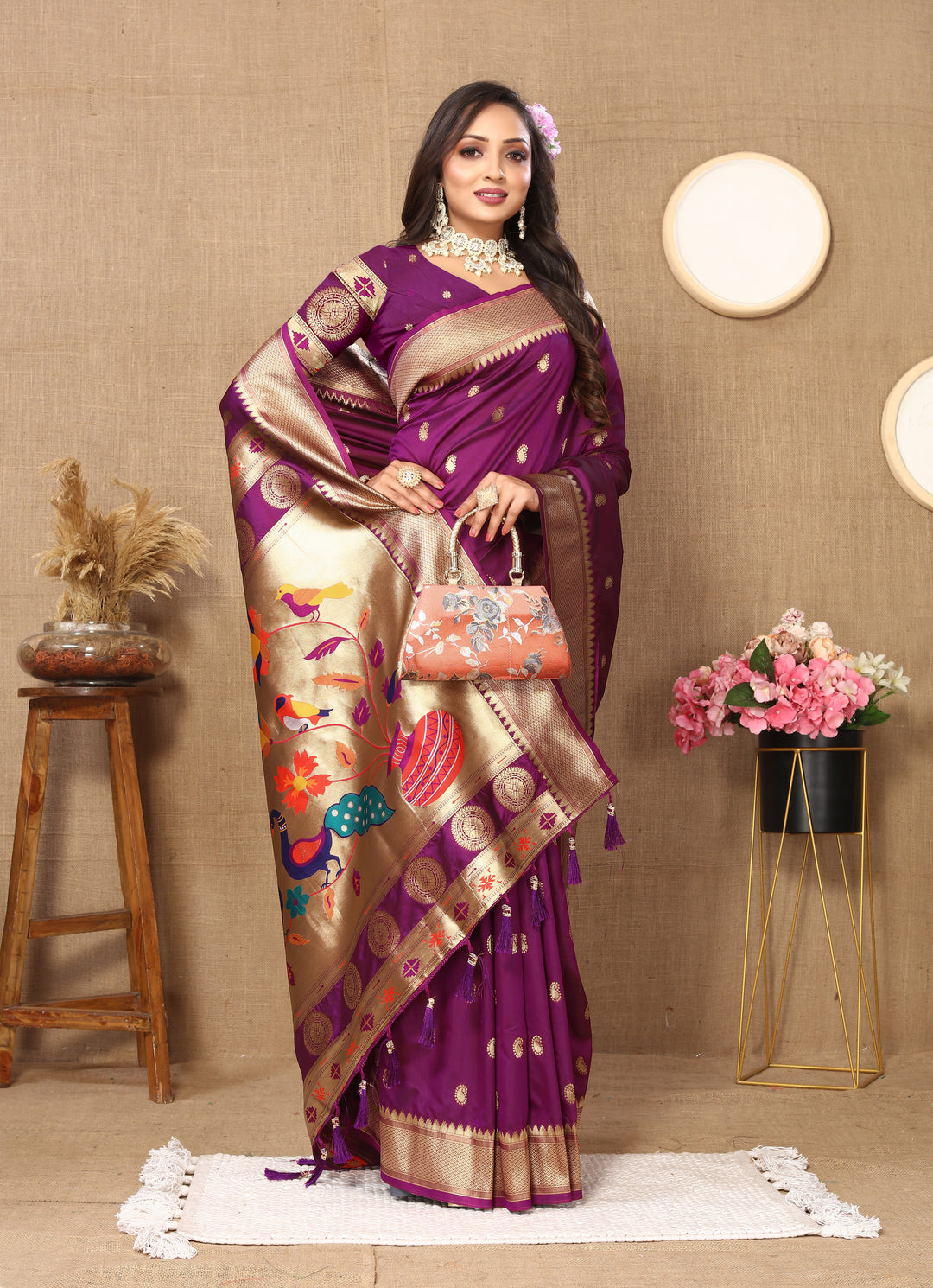 Gorgeous purple Paithani silk saree with stunning meenakari and zari detailing, perfect for Indian events.