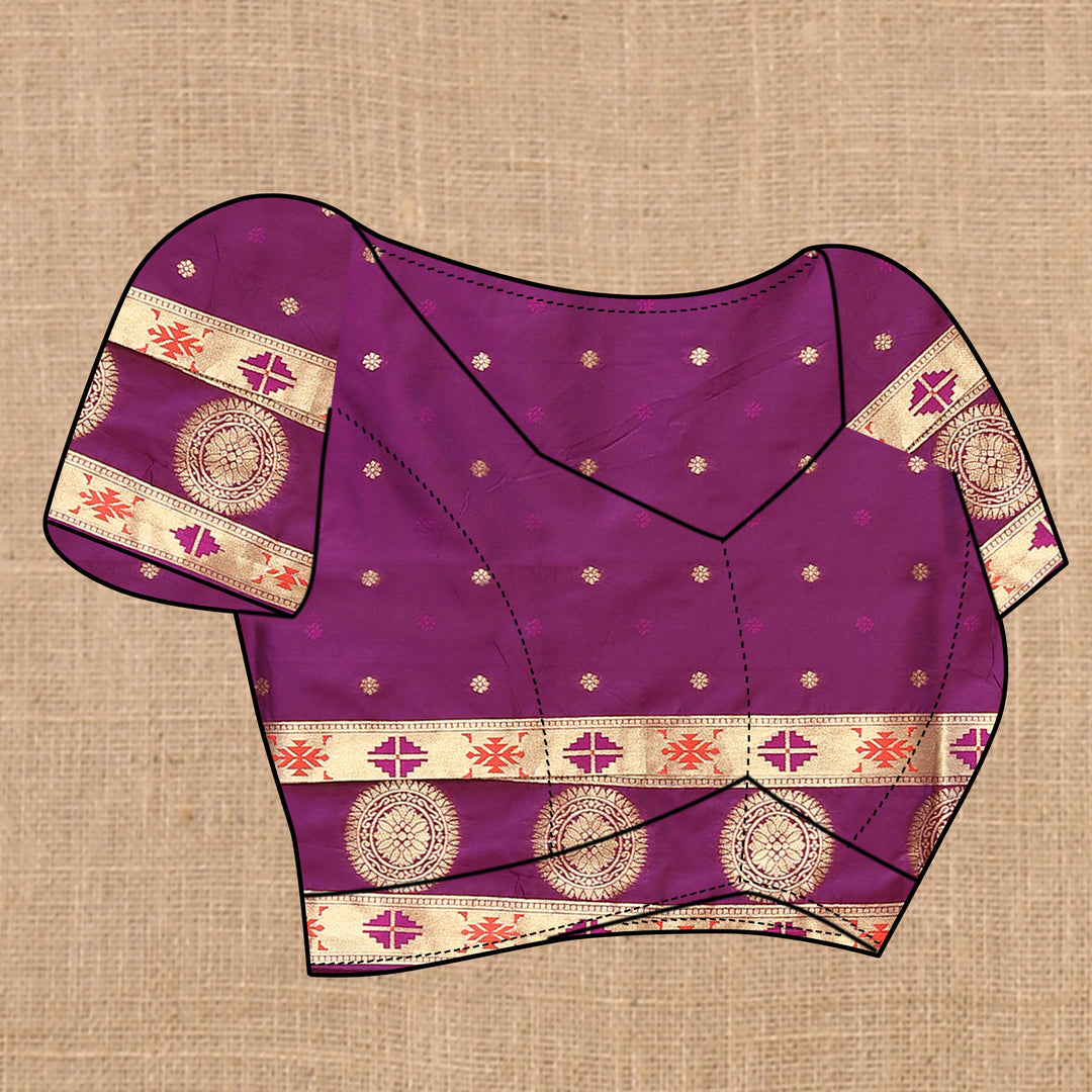 Purple designer silk saree in Paithani style with matching blouse, adorned with beautiful zari.