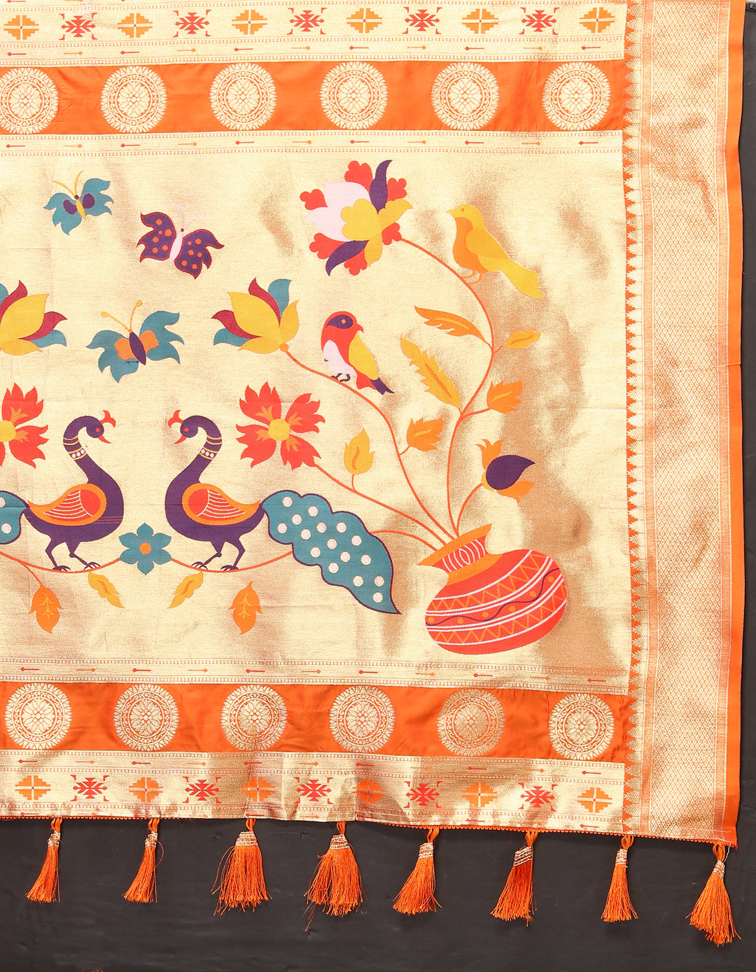 Exquisite orange Paithani silk saree with rich zari and meenakari patterns, ideal for festive gatherings.