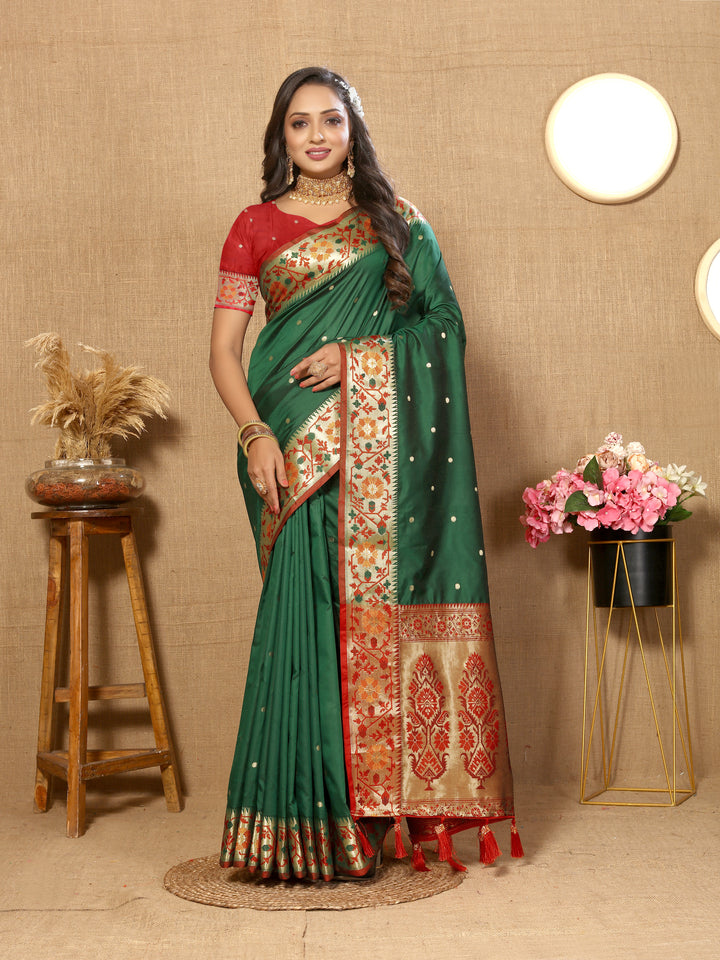 Exquisite teal green Paithani silk saree with Meenakari weaving and a dazzling zari pallu.