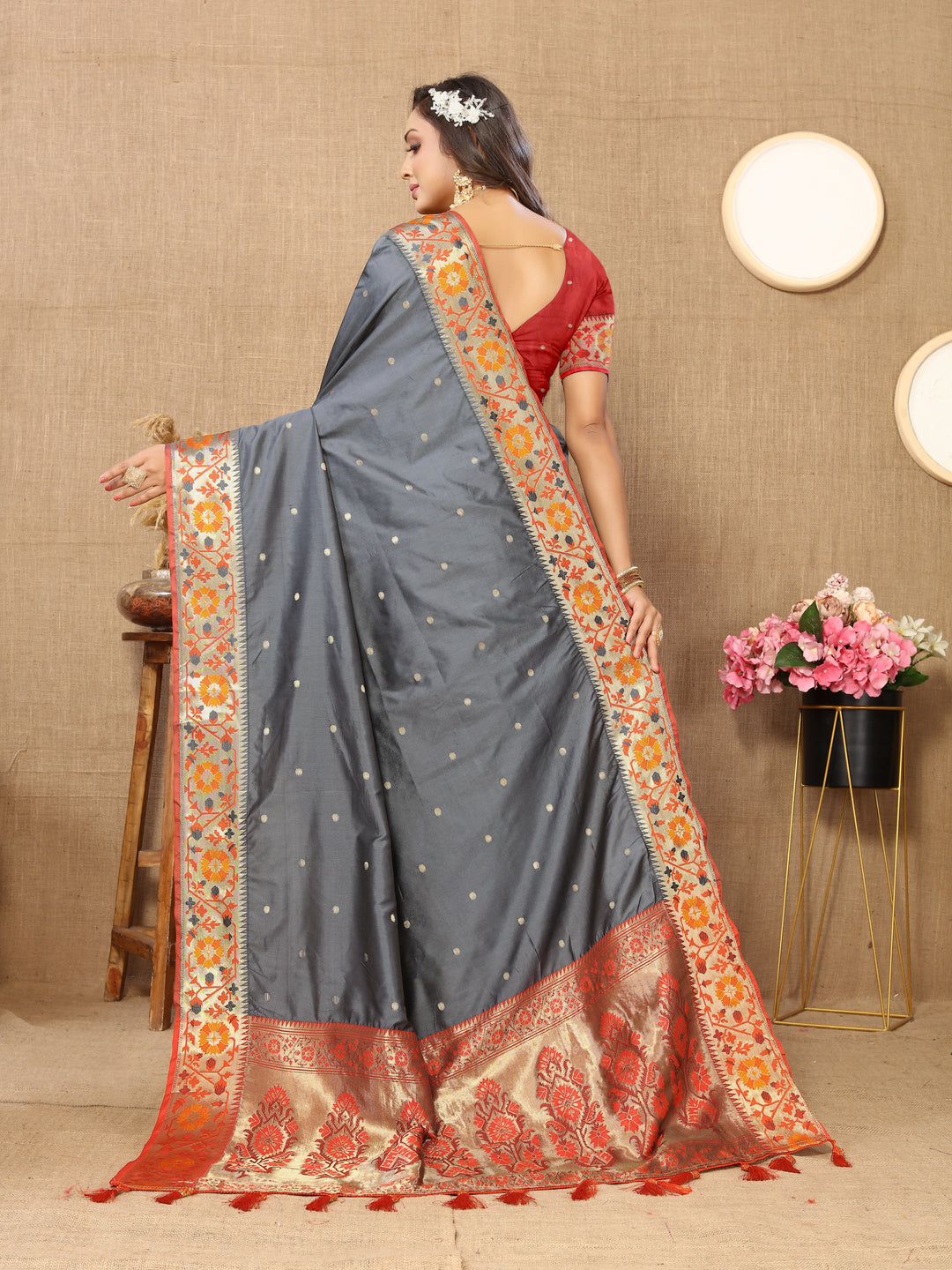 Gray Paithani silk saree with stunning Meenakari and zari details, perfect for festive occasions.