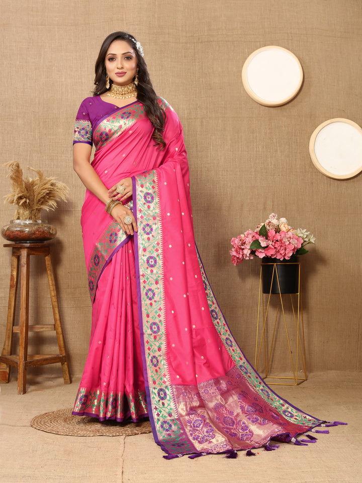 Soft pink Paithani saree with beautiful Meenakari work and a sparkling zari pallu.