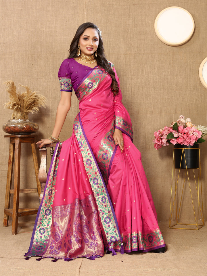 Graceful pink Paithani saree with detailed Meenakari weaving and a luxurious zari pallu.