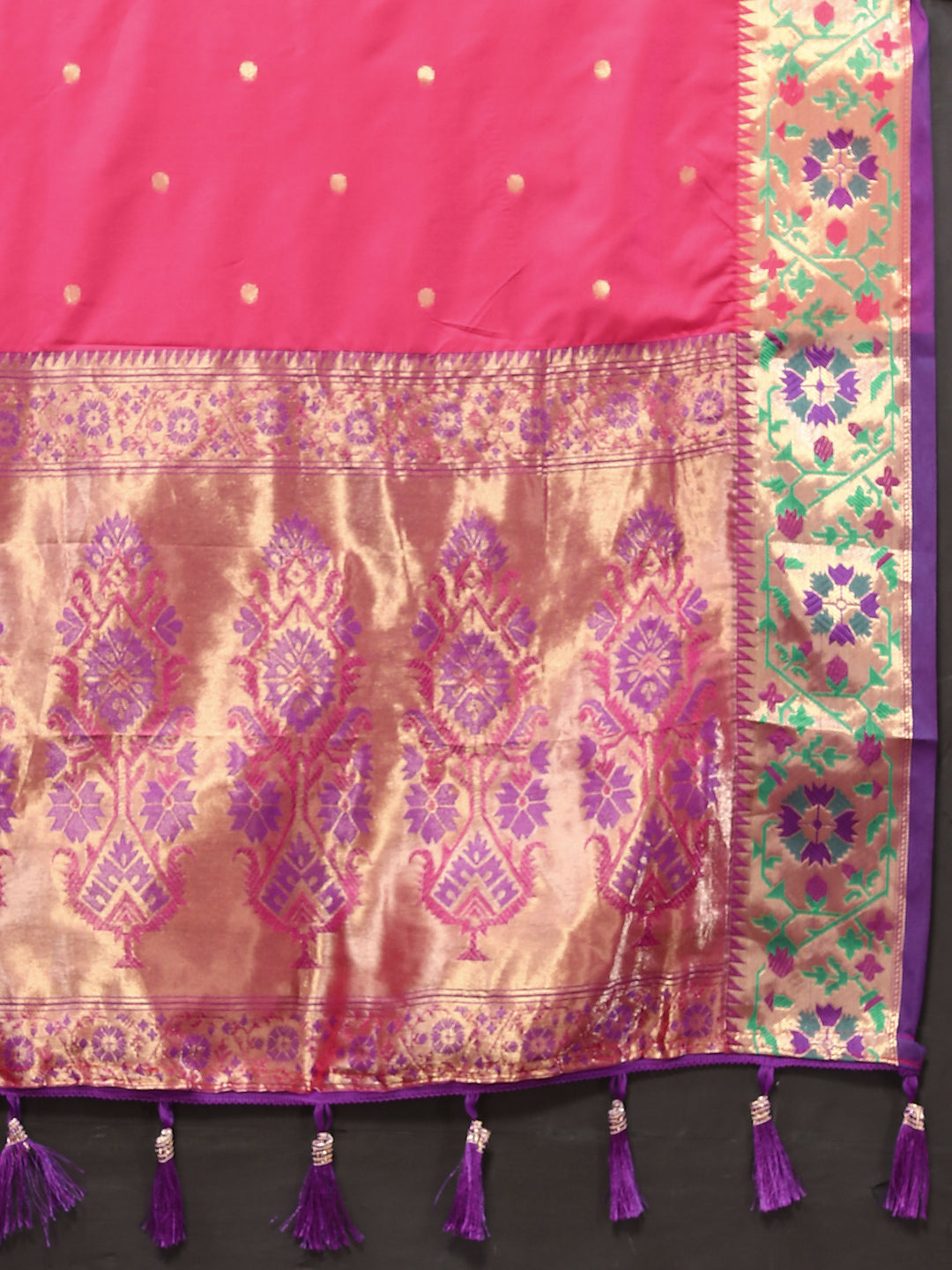 Stunning pink Paithani saree with Meenakari weaving and an elegant zari pallu.