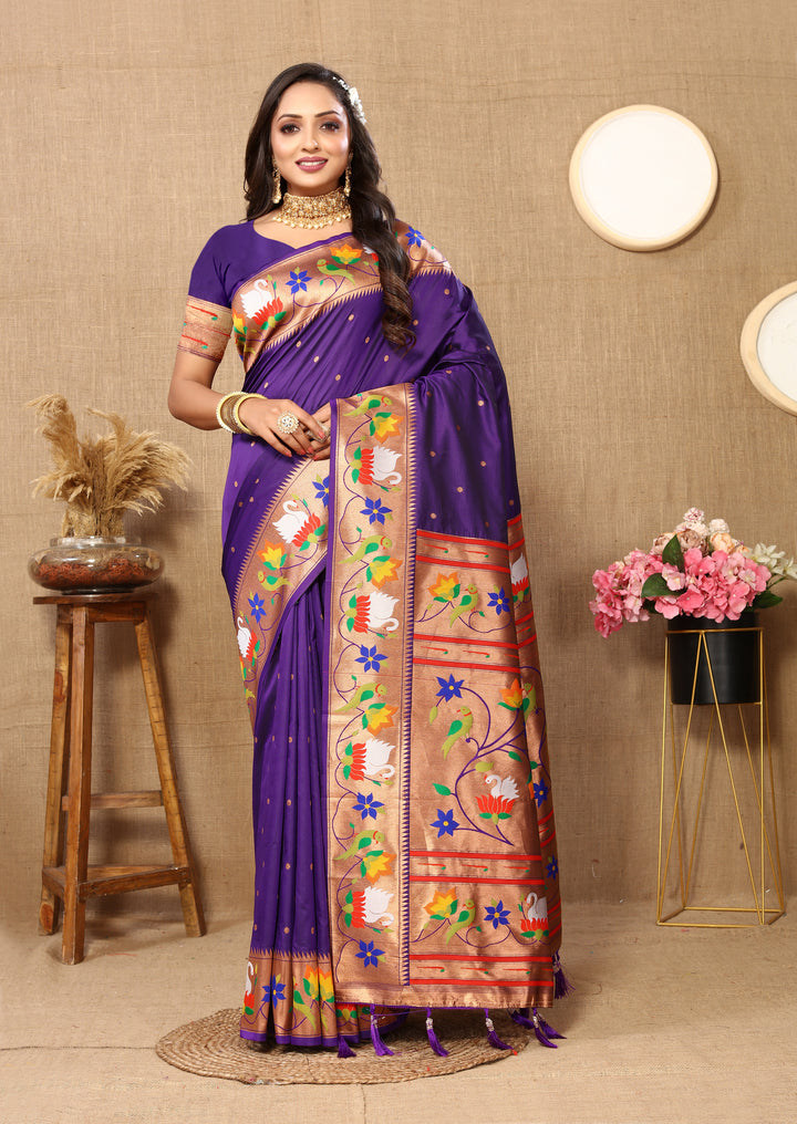 Dark-peach Paithani silk saree with rich meenakari weaving and a golden zari border, perfect for festive occasions.