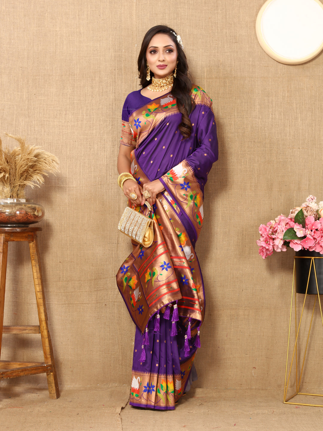 Elegant dark-peach Paithani silk saree with rich meenakari weaving and a golden zari border, ideal for cultural events.