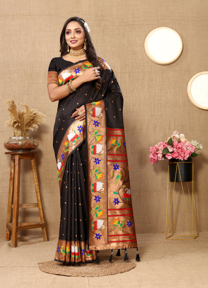 Elegant brown Paithani silk saree featuring delicate meenakari work and a golden zari border, ideal for cultural events.