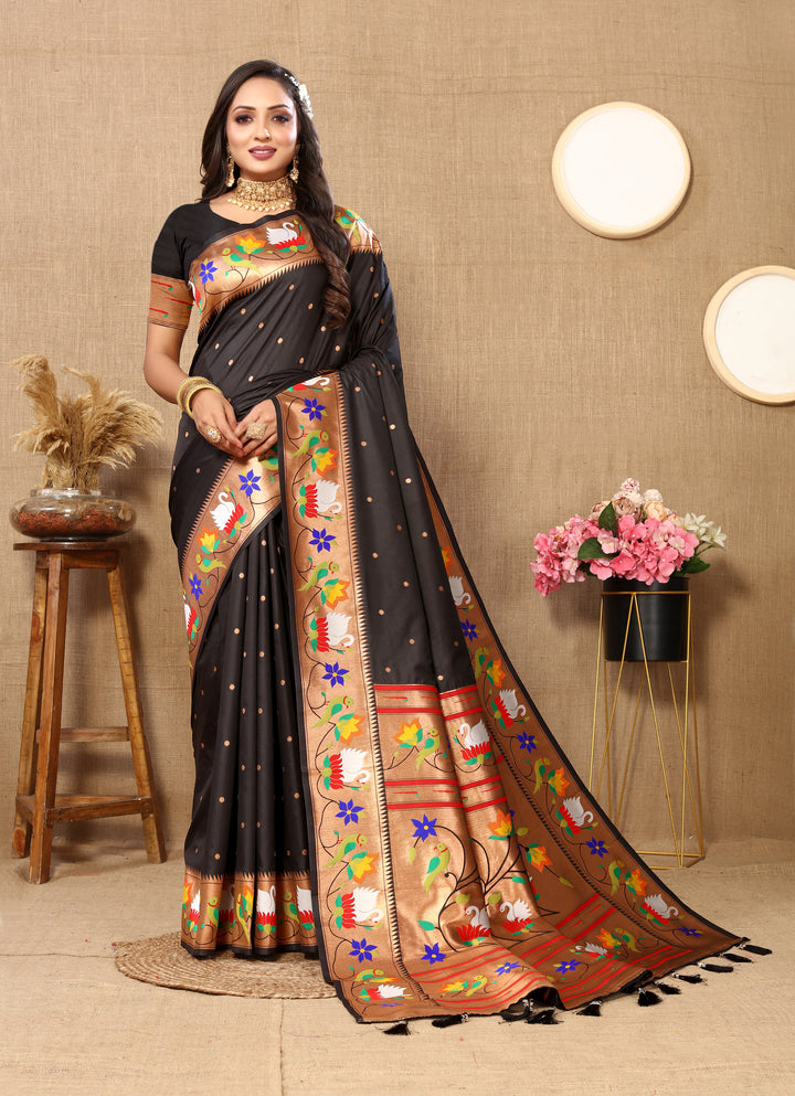 Beautiful brown Paithani silk saree with rich meenakari weaving and a luxurious zari border, perfect for special occasions.