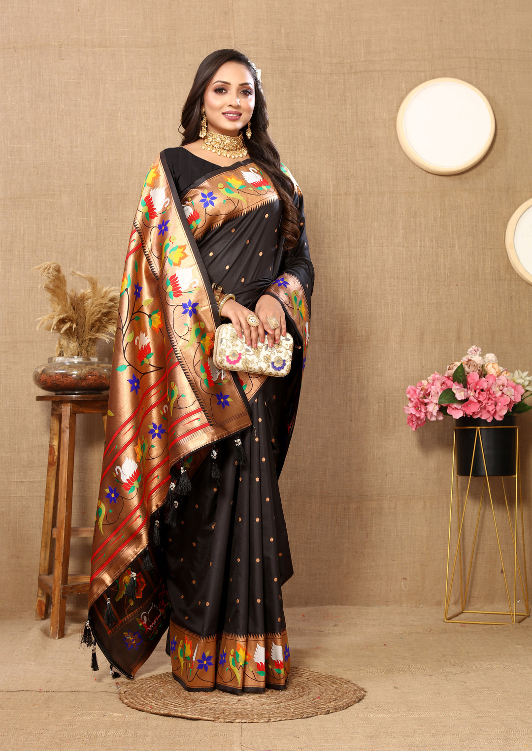 Stunning brown Paithani silk saree with intricate meenakari weaving and a shimmering zari border, perfect for bridal wear.