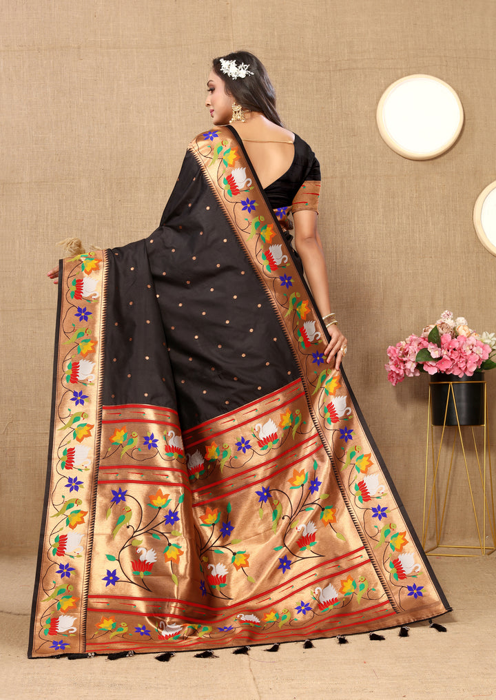 Elegant brown Paithani silk saree with rich meenakari weaving and a dazzling zari border, perfect for weddings.