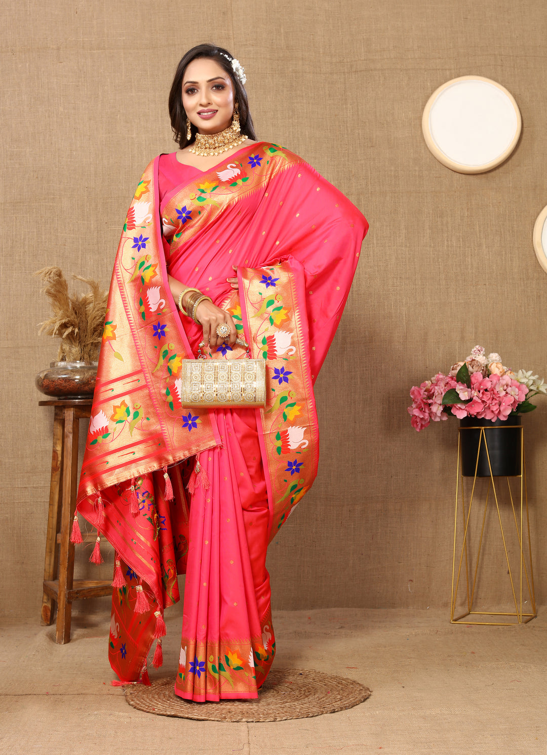 Beige Paithani silk saree with meenakari work, zari border.