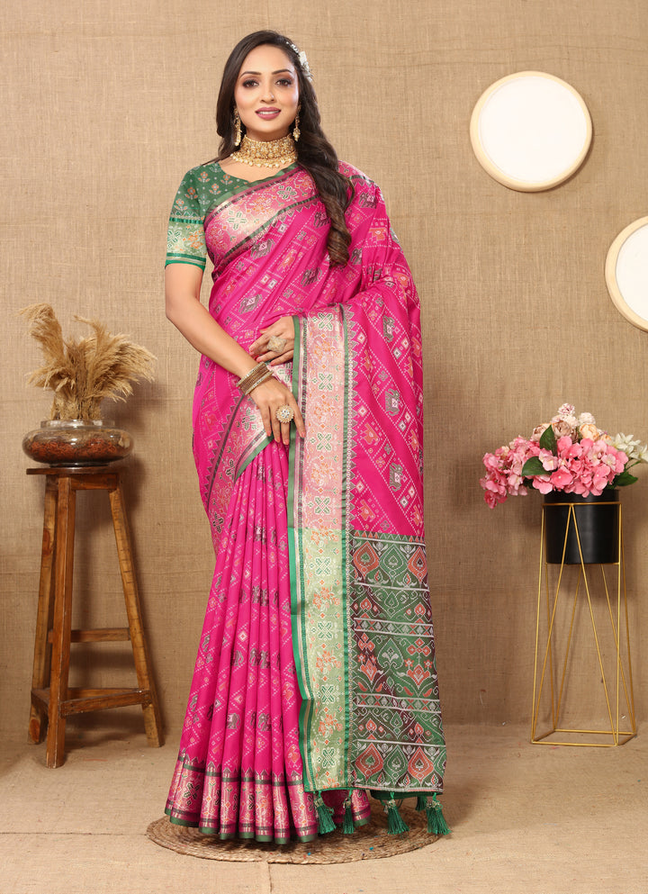 Elegant yellow Patola silk saree with traditional Meenakari motifs and zari weaving, perfect for special occasions.