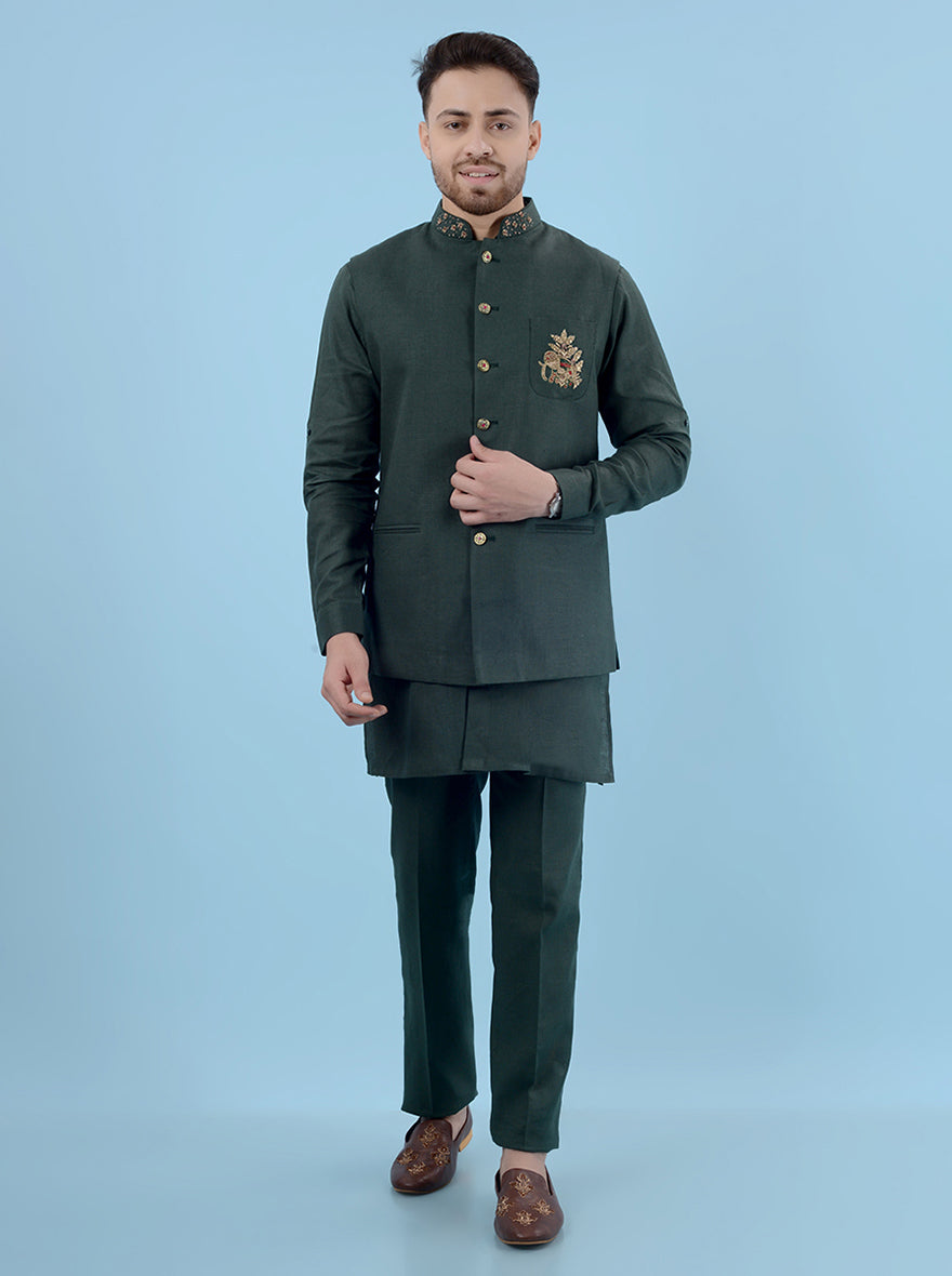 Elegant green kurta set with koti, perfect for modern men celebrating traditions in the USA.