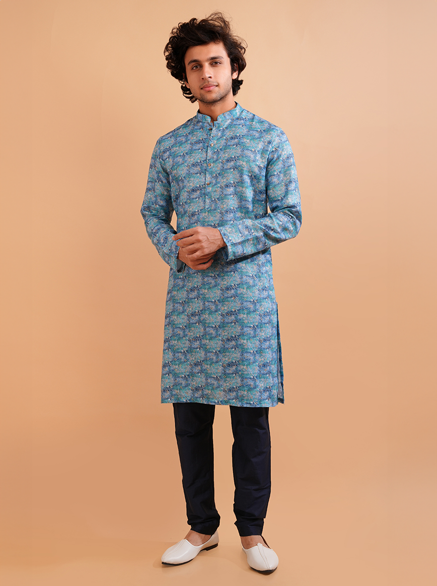 Stylish blue kurta set for men, combining comfort and sophistication during celebrations in the USA.