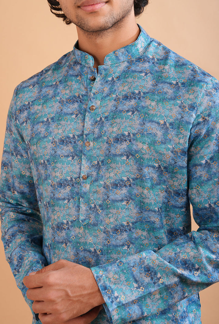 Blue linen kurta pajama set for men, offering a sophisticated look for casual and cultural events.