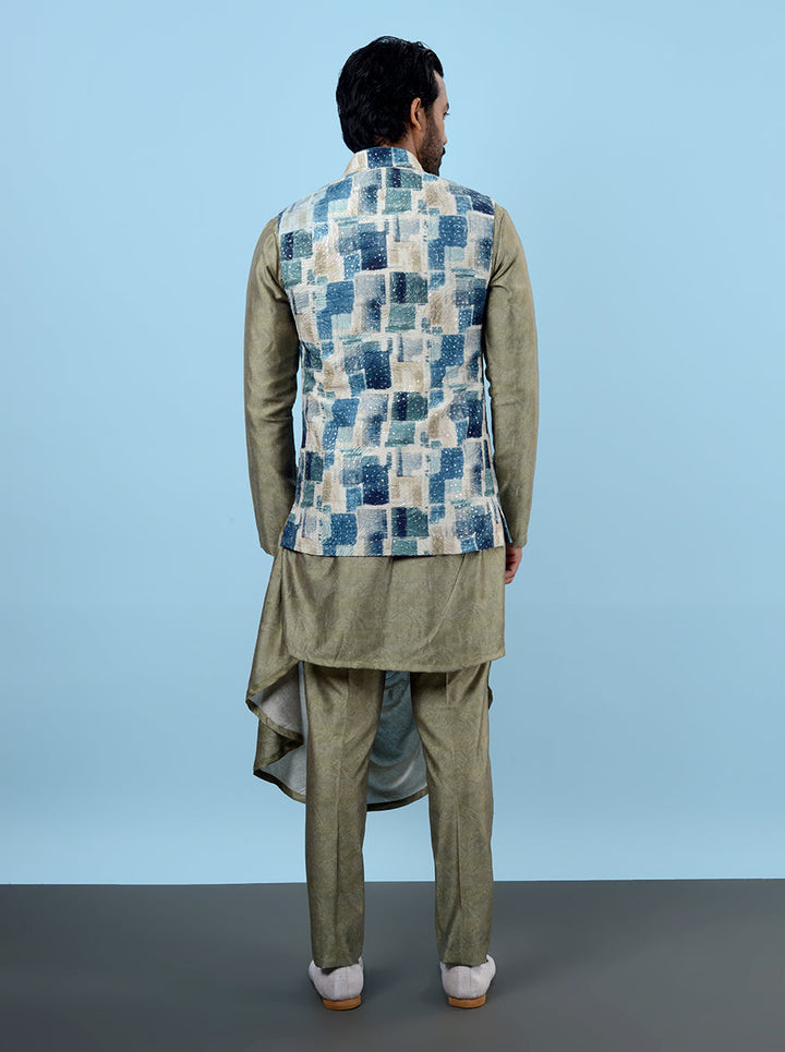 Designer blue and green kurta with koti, perfect for festive celebrations.