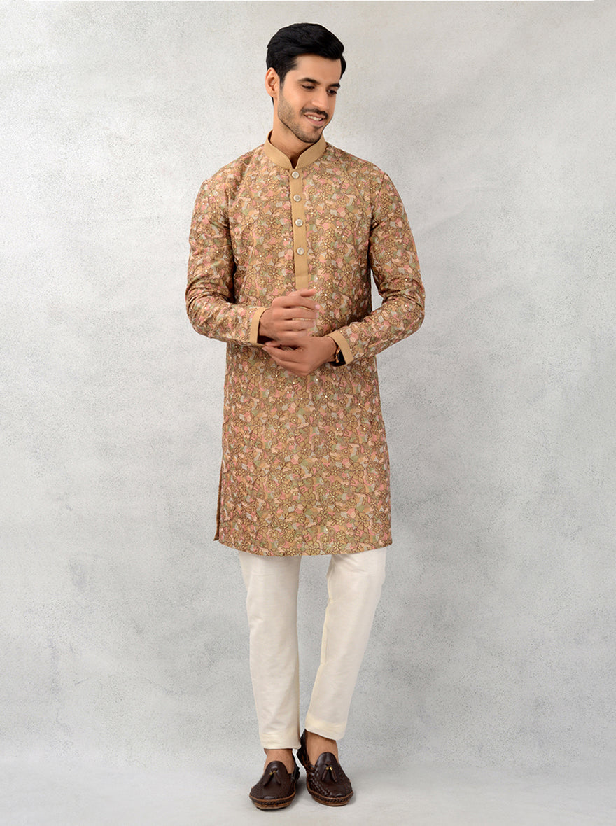 Traditional Khakhi kurta pajama set with embroidery for festive celebrations.