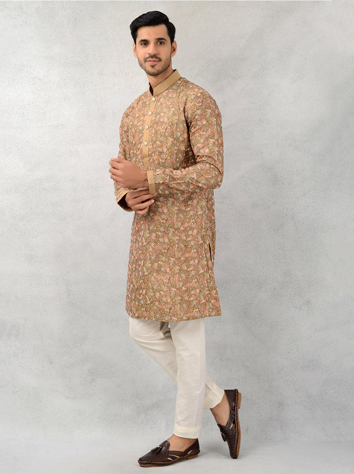 Khakhi ethnic kurta pajama set with embroidery, perfect for traditional events.