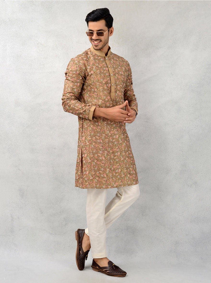 Elegant Khakhi embroidered kurta pajama set for men, perfect for weddings.