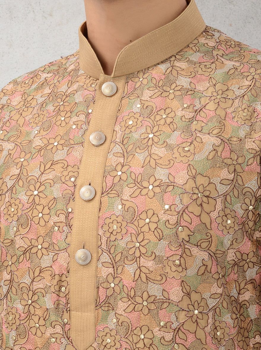 Silk blend Khakhi kurta pajama set with embroidery details, ideal for weddings.