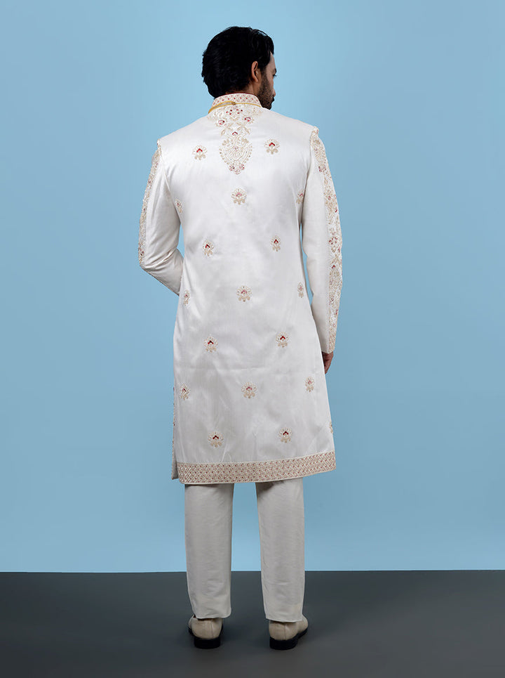 Unique cream sherwani designed for traditional events, combining modern style with classic flair.