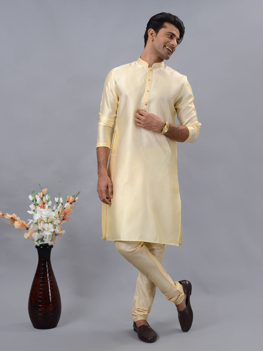 Premium golden kurta pajama for men, crafted from silk blend for ultimate luxury and style.