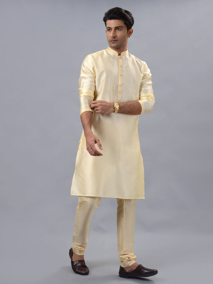 Stylish golden kurta pajama for men, crafted for traditional events, festivals, and weddings.