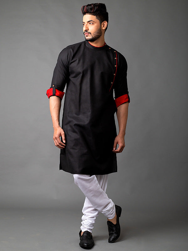 Black cotton kurta for men, designed for comfort and versatility in casual settings.