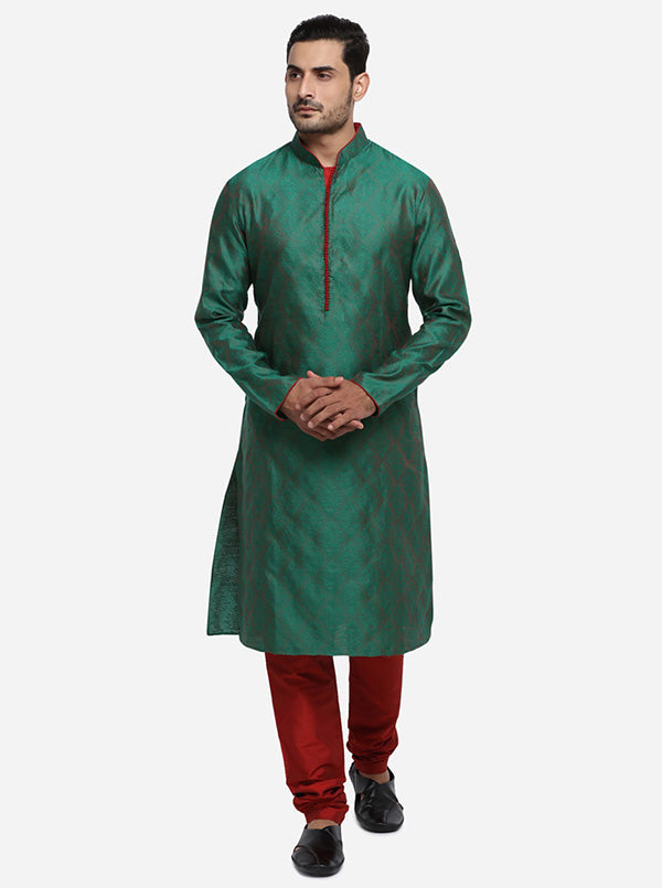 Dark green self-design kurta set for men, ideal for outings in the USA ethnic fashion scene.