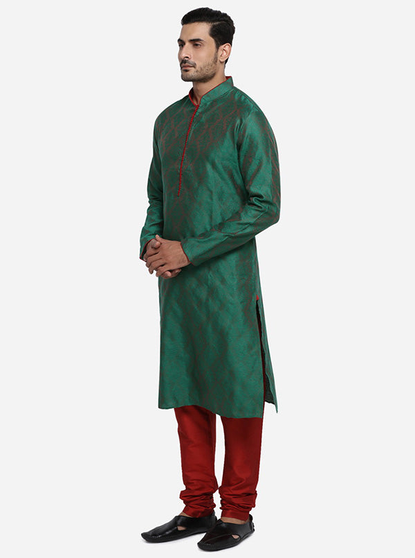 Dark green self-design kurta set for men, offering ultimate comfort and style in the USA.