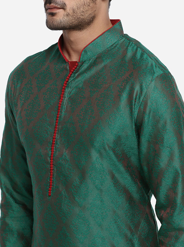 Elevate your ethnic collection in the USA with this dark green self-design kurta set for men.