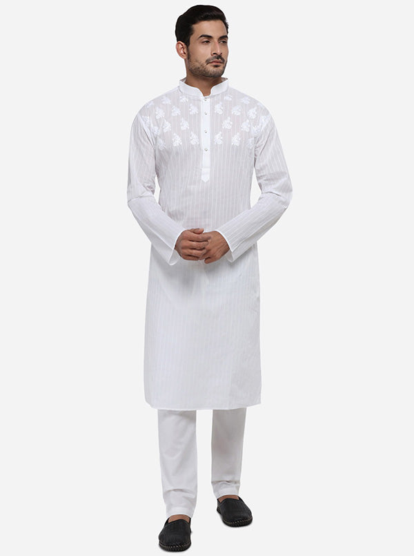 Self-design white kurta set for men in the USA, ideal for both festive and casual events.