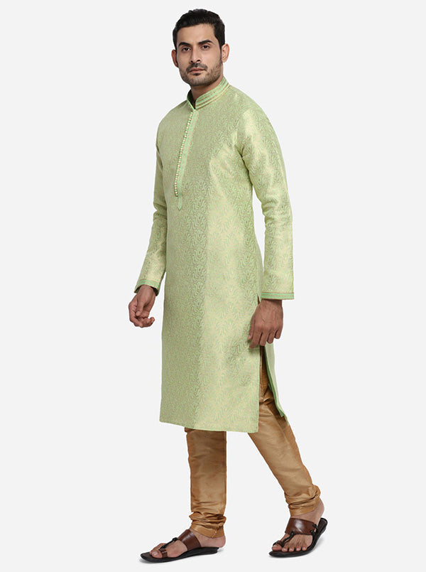 Self-design pista green and golden kurta set for men, perfect for the USA ethnic fashion scene.