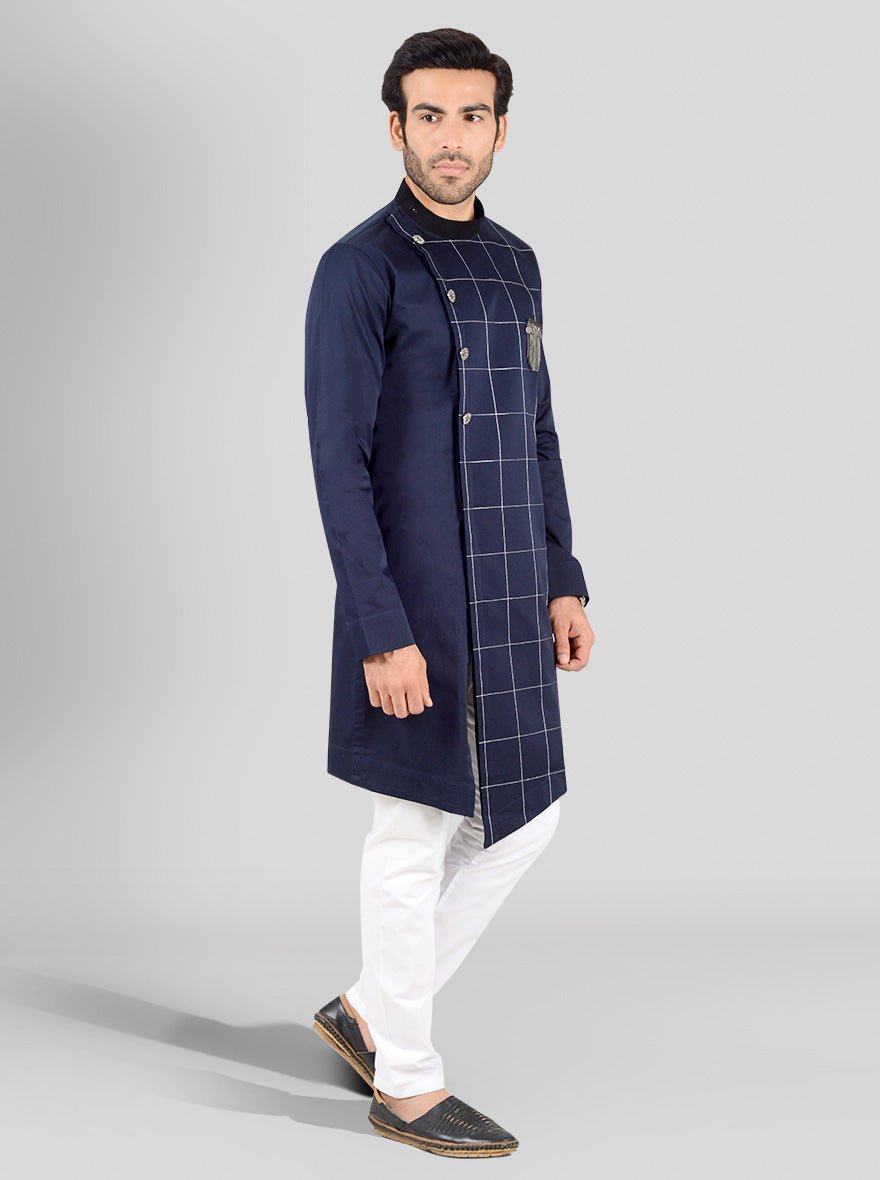 Navy blue kurta with checks embroidery and a trendy asymmetric hemline, ideal for both casual and festive events.