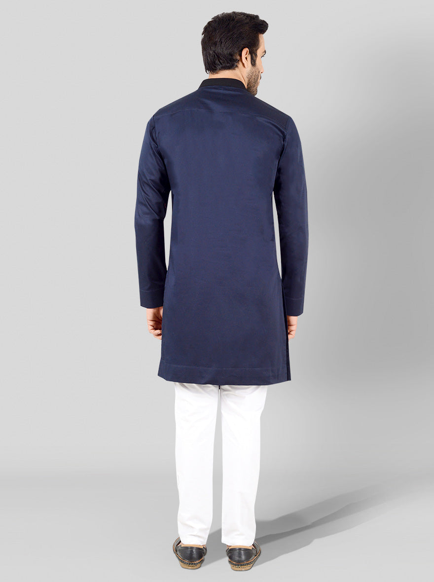 Elegant navy blue kurta for men with check embroidery and an asymmetrical hem, great for festive celebrations.