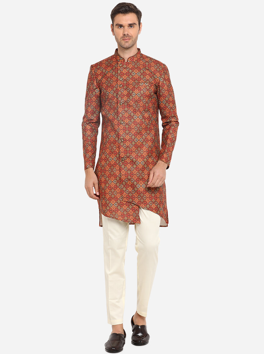 This Maroon Printed Semi Indowestern with a stylish sherwani and churidar is designed to turn heads at traditional events in the USA.