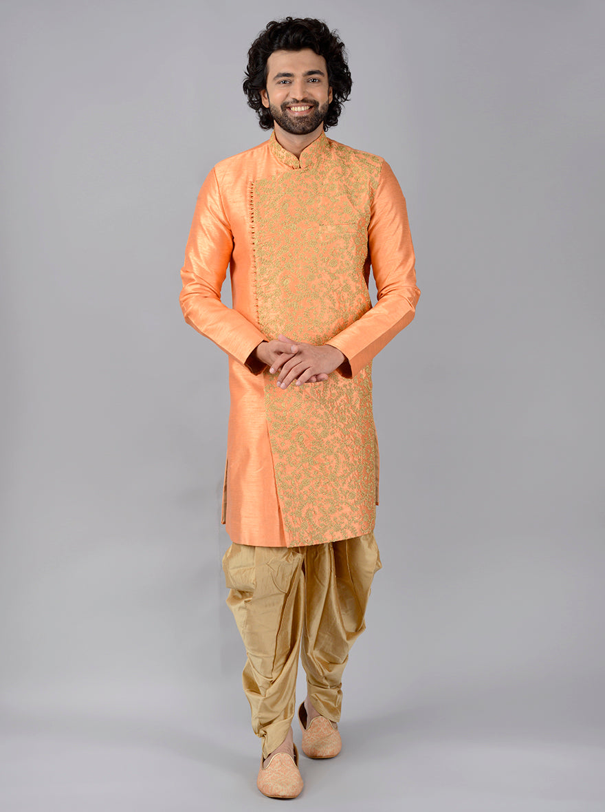 The Peach Semi Indowestern with an embroidered kurta and dhoti is an essential outfit for celebrating special occasions in the USA.