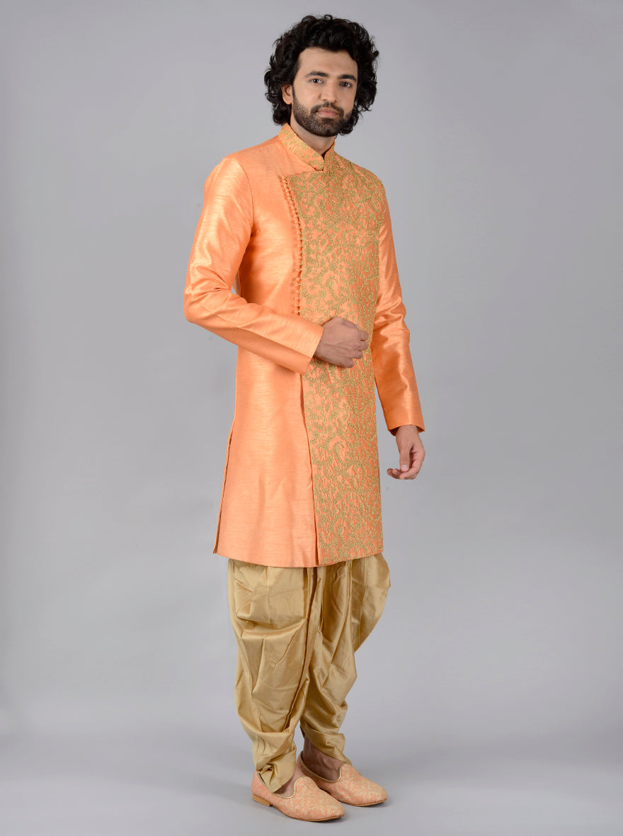 Enjoy comfort and elegance in this Peach Semi Indowestern, complete with an embroidered kurta and dhoti, perfect for weddings and festive events in the USA.