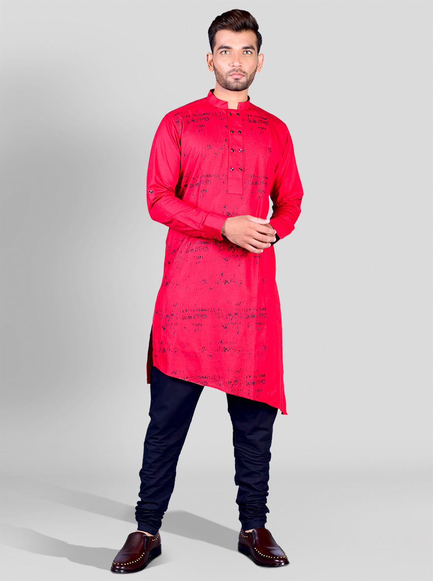 Red printed kurta pajama for men, designed for comfort and casual style in the USA.