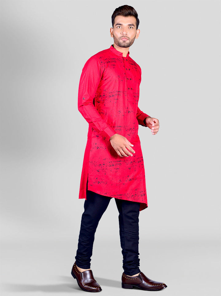 Printed red cotton kurta pajama set for men, ideal for casual outings and traditional events.