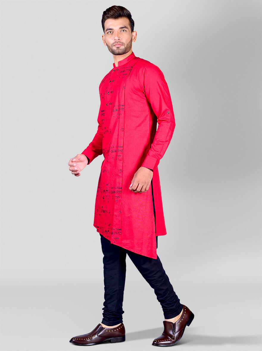 Stand out with this printed red kurta pajama set for men, perfect for casual occasions.