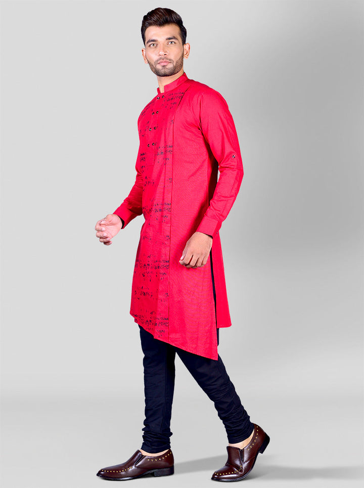 Stand out with this printed red kurta pajama set for men, perfect for casual occasions.