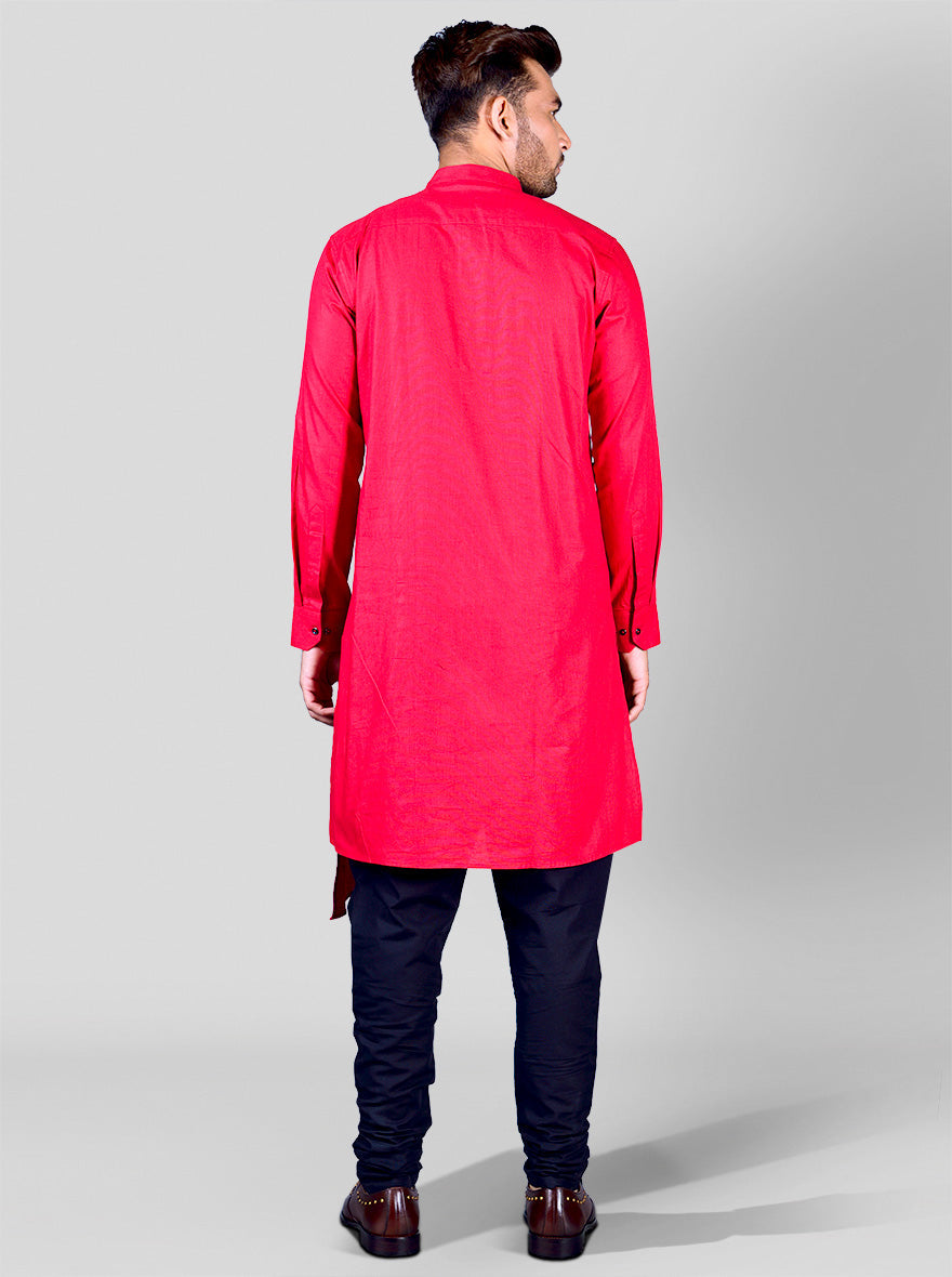 Experience comfort with this printed red cotton blend kurta pajama set for men, ideal for USA events.