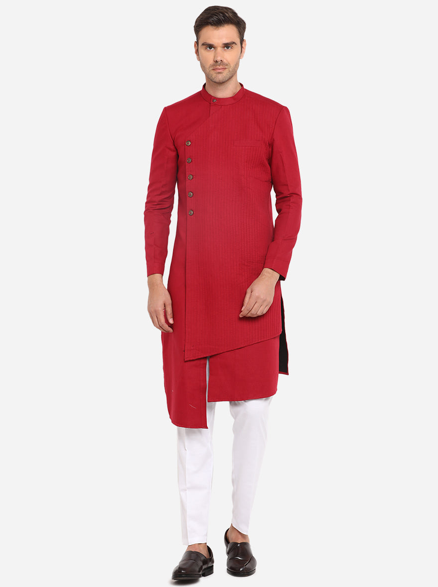 The Red Semi Indowestern, featuring a kurta and churidar, is an essential outfit for making a statement at festive occasions in the USA.