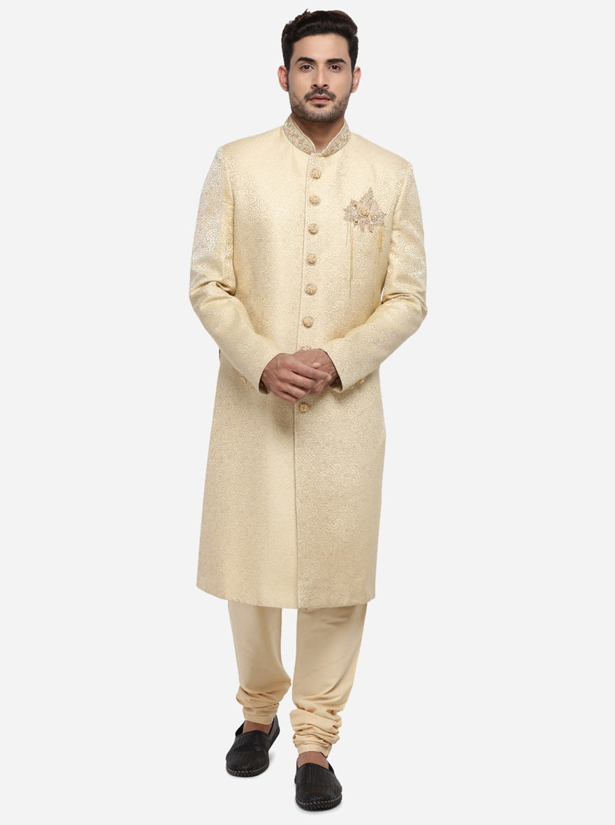 Complete your look with our luxurious light golden Sherwani, tailored to impress at any event.